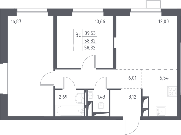 3Е-комнатная, 58.32 м²– 2
