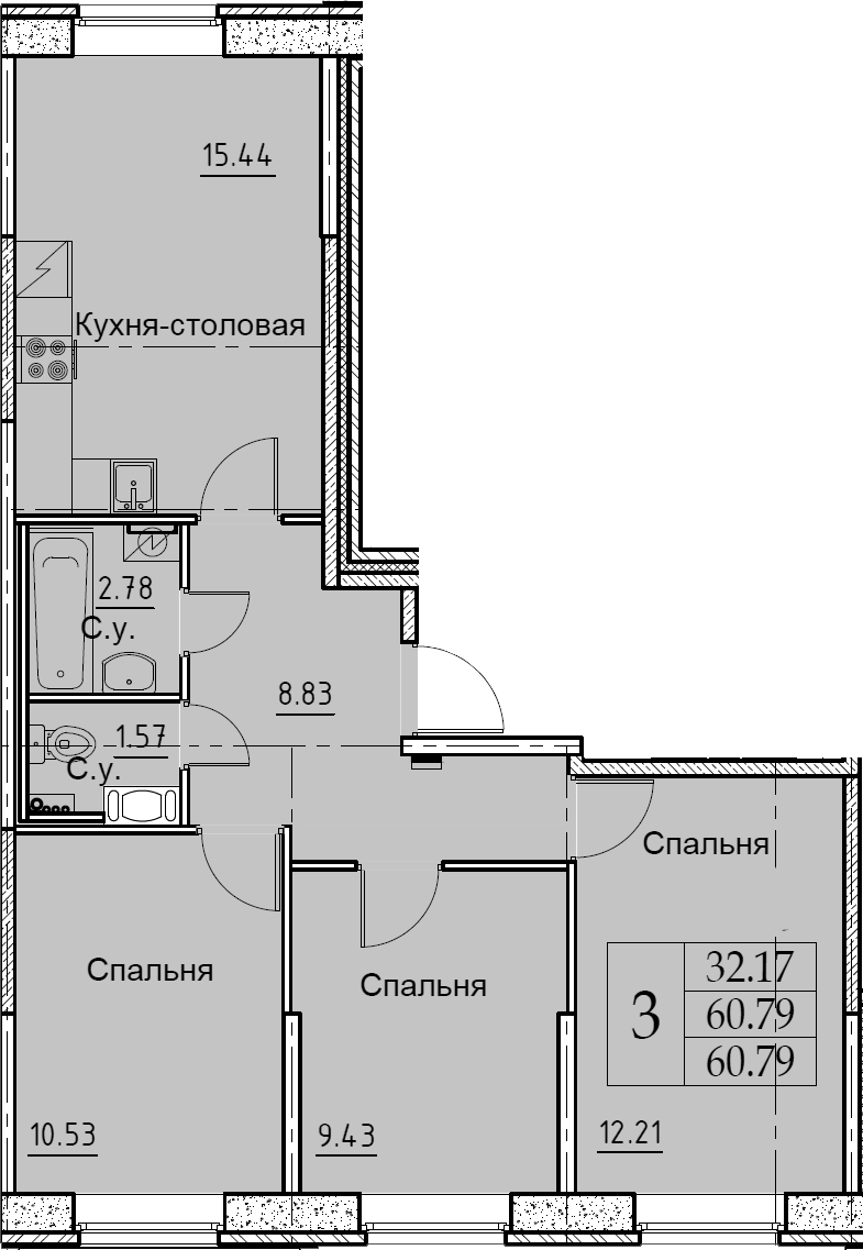 4Е-комнатная, 60.79 м²– 2