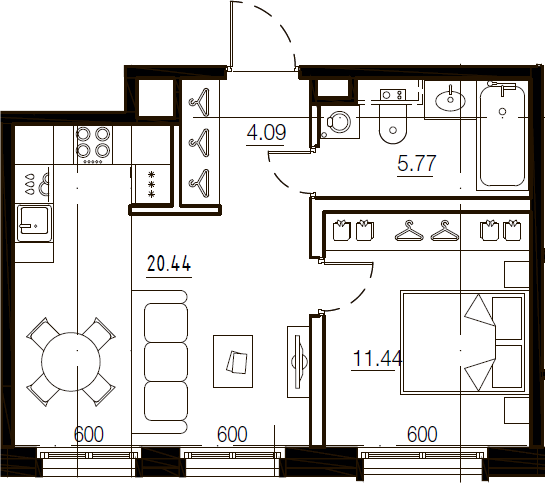 2Е-комнатная, 41.74 м²– 2