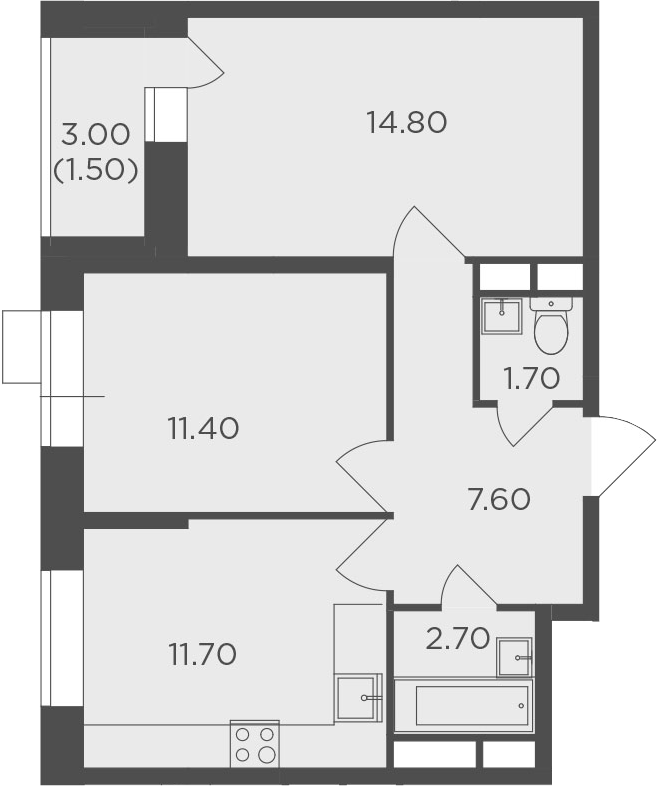2-комнатная, 51.4 м²– 2