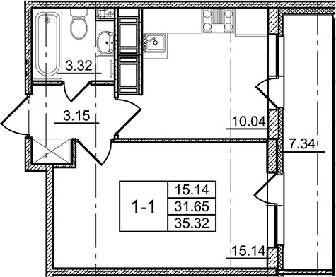 1-комнатная, 31.65 м²– 2