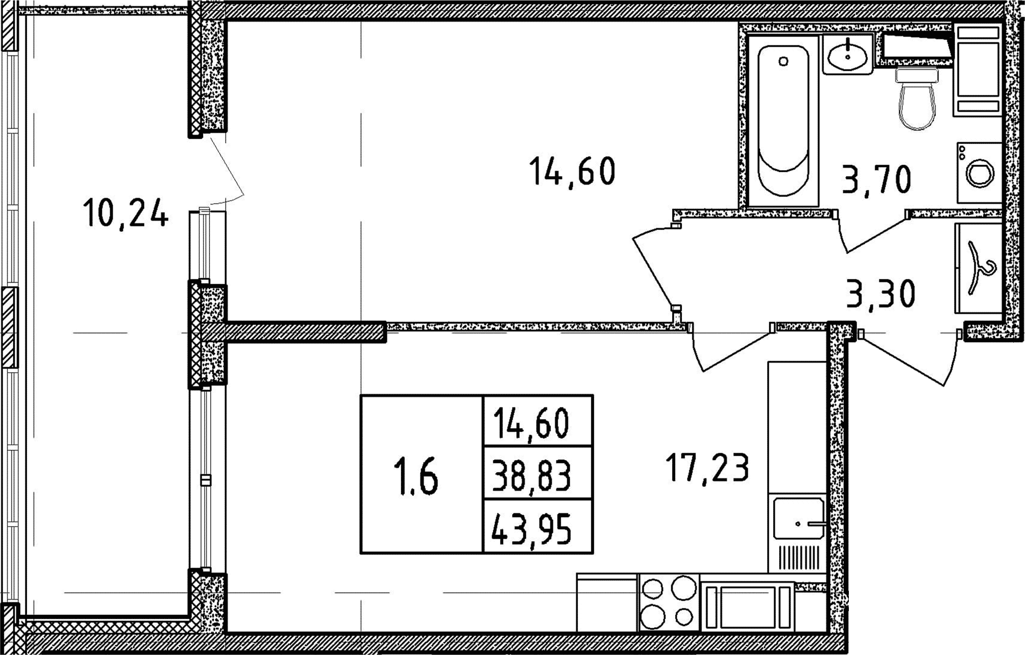 2Е-комнатная, 38.83 м²– 2