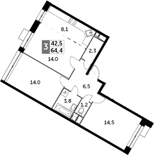 3Е-комнатная, 64.4 м²– 2