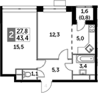 2Е-комнатная, 43.4 м²– 2
