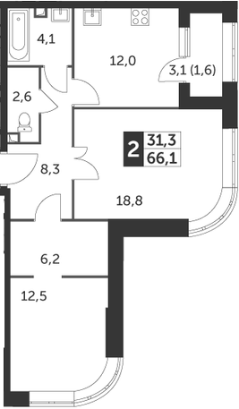2-комнатная, 66.1 м²– 2