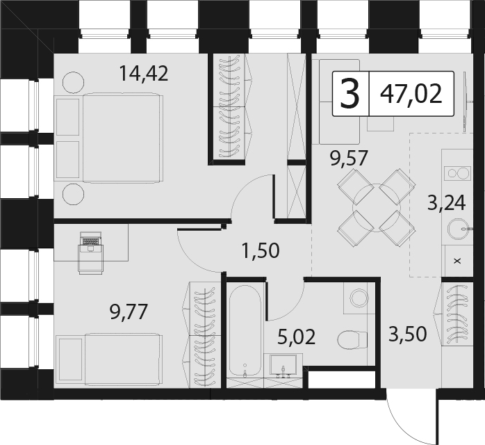 3Е-комнатная, 47.02 м²– 2