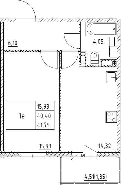 2Е-комнатная, 41.75 м²– 2