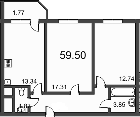 2-комнатная, 59.27 м²– 2