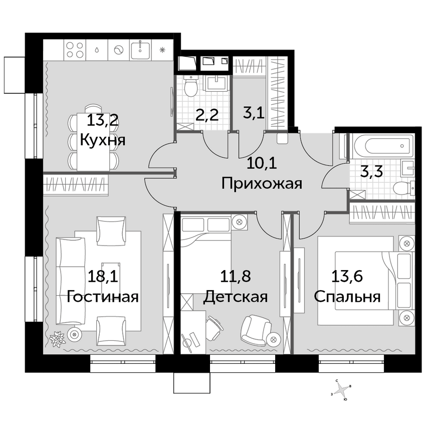 3-комнатная, 75.4 м²– 2