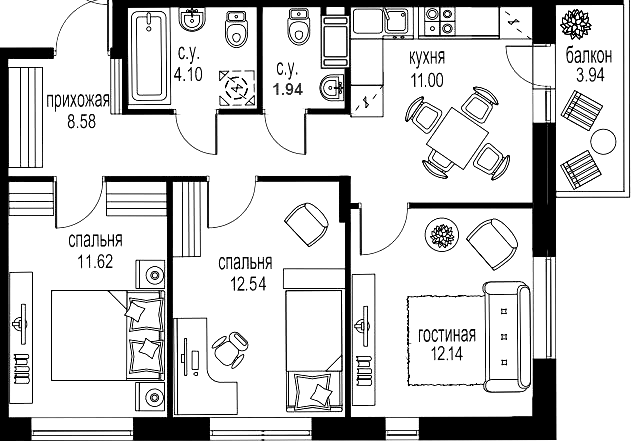 3-комнатная, 62.78 м²– 2