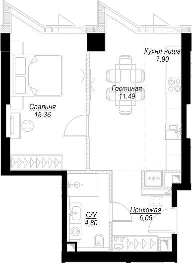 2Е-комнатная, 46.6 м²– 2