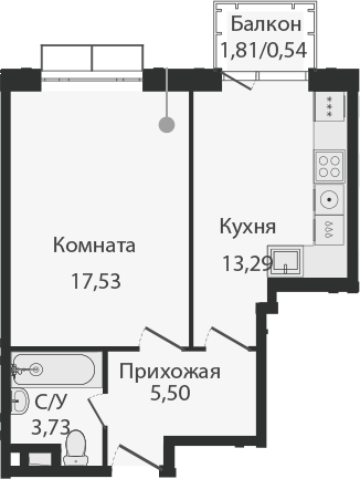 1-к.кв, 40.59 м²