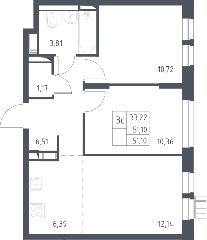 3Е-комнатная, 51.1 м²– 2