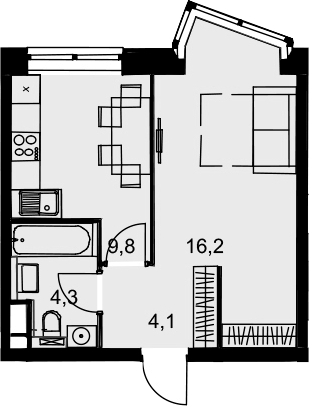 1-комнатная, 34.4 м²– 2