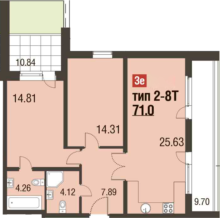 3Е-комнатная, 71 м²– 2