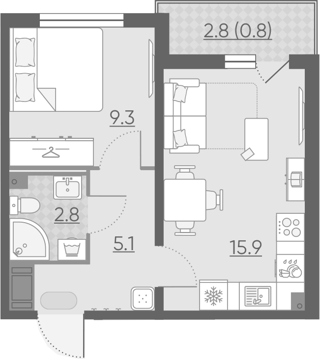 2Е-к.кв, 33.9 м², 3 этаж