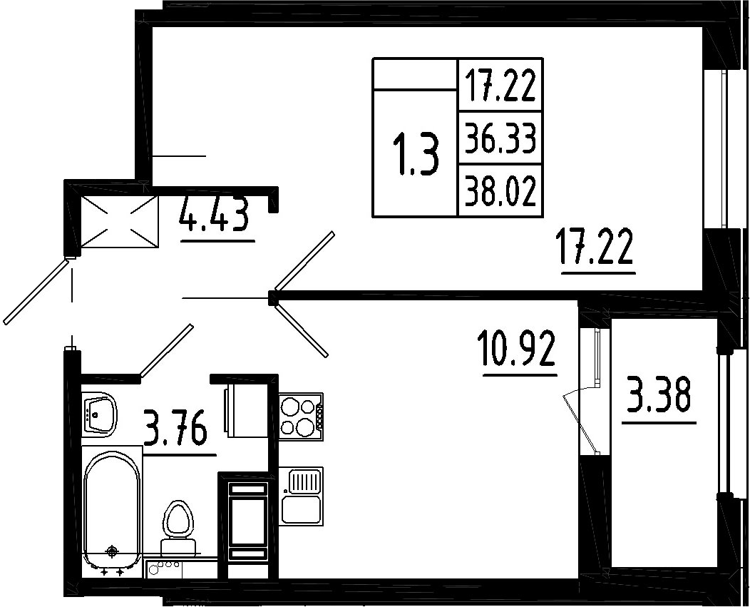 1-комнатная, 38.02 м²– 2