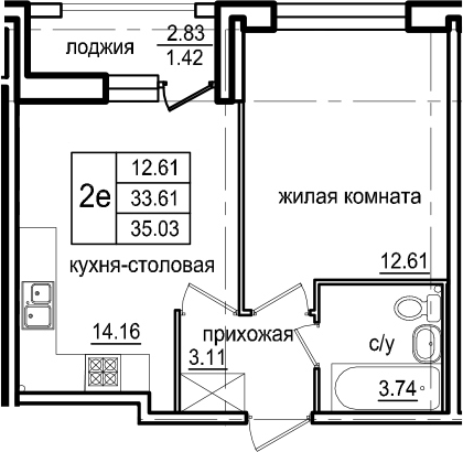 2Е-к.кв, 35.03 м²