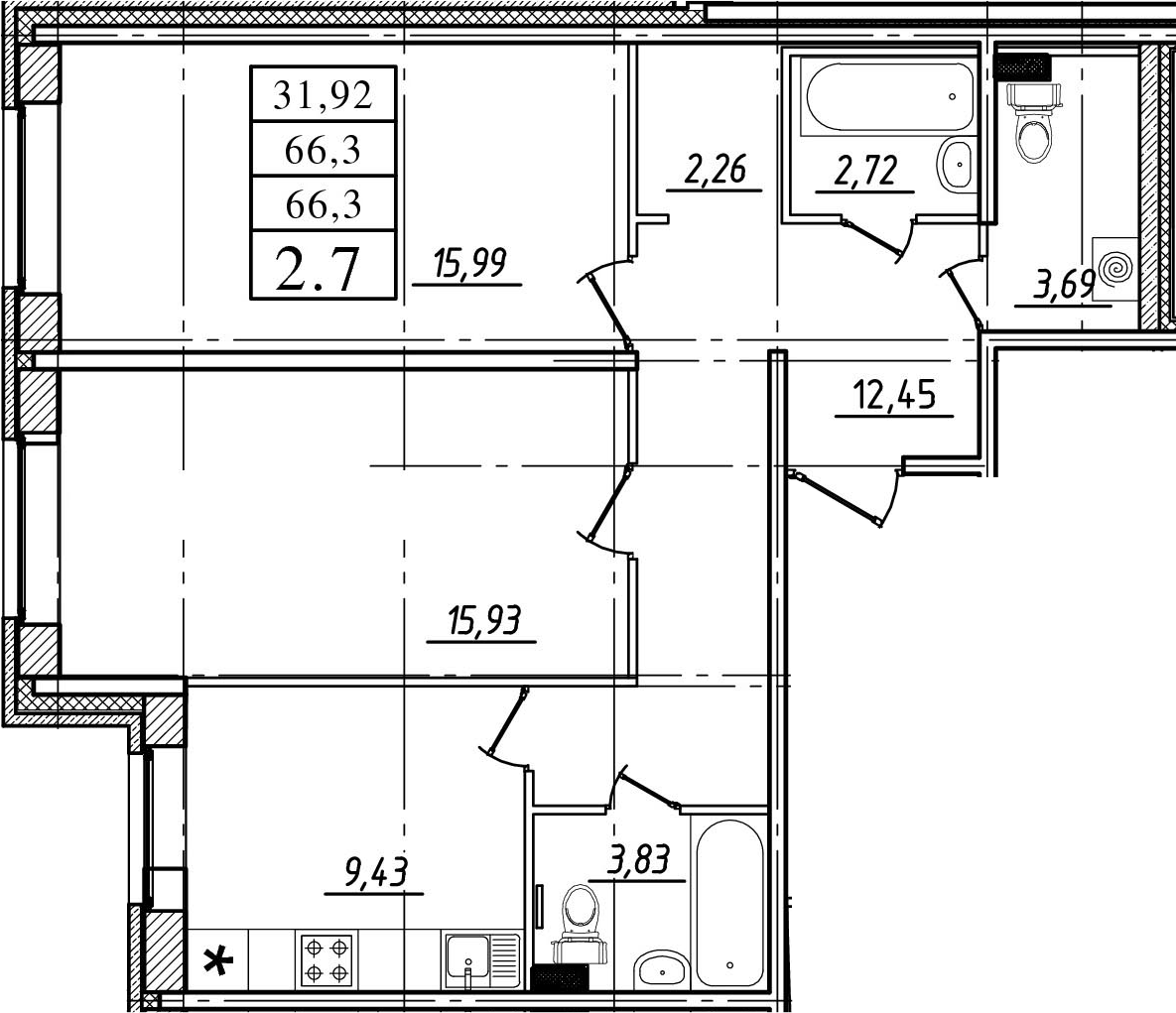 2-комнатная, 66.3 м²– 2