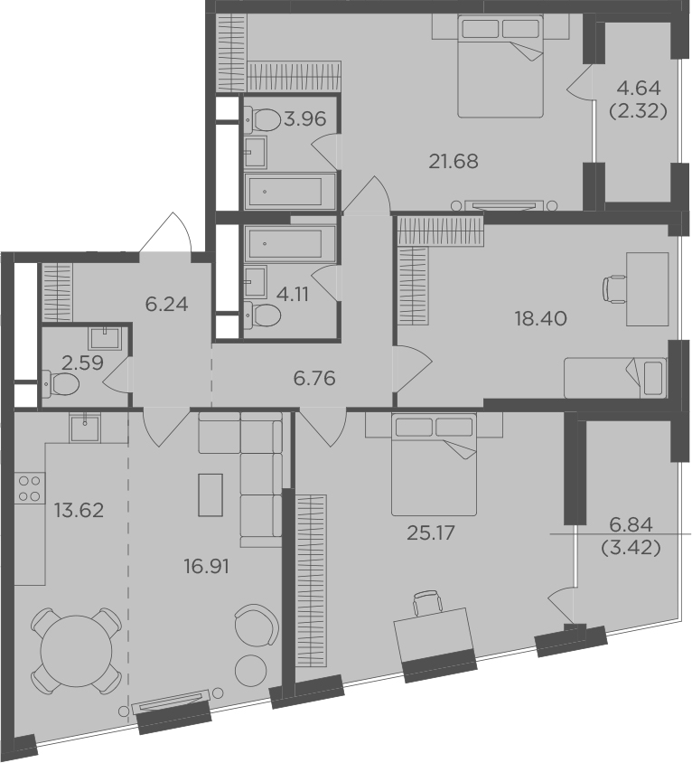 4Е-комнатная, 125.18 м²– 2