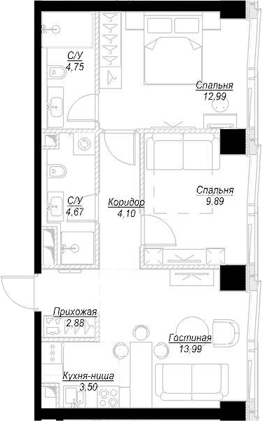 3Е-комнатная, 56.77 м²– 2
