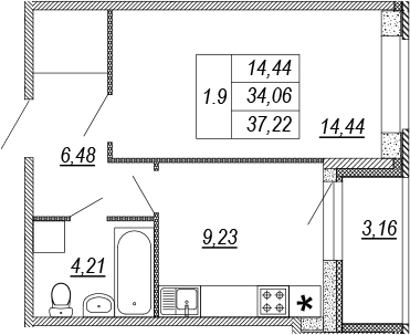 1-комнатная, 34.06 м²– 2