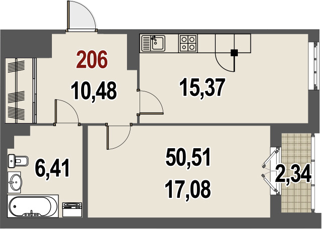 1-к.кв, 50.51 м², 3 этаж