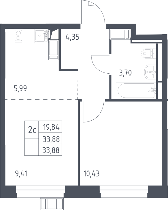 2Е-комнатная, 33.88 м²– 2