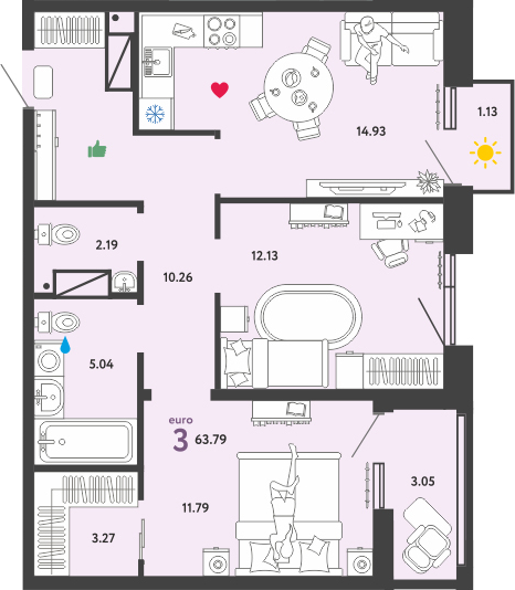 2-комнатная, 63.79 м²– 2