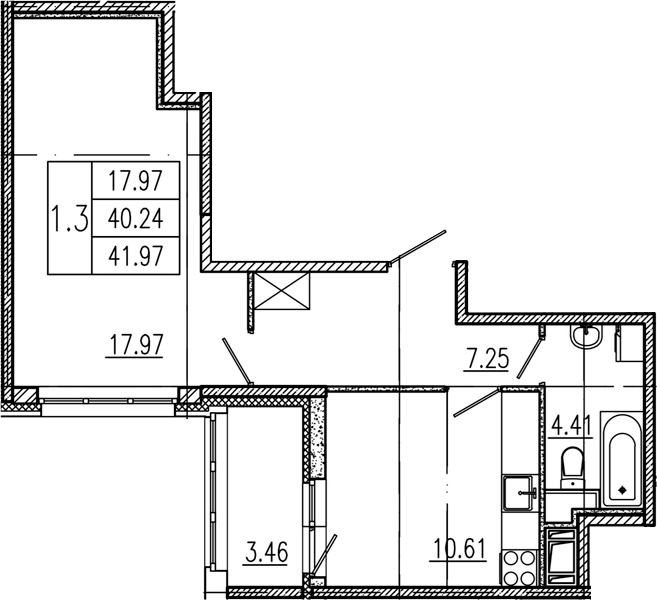 1-комнатная, 40.24 м²– 2