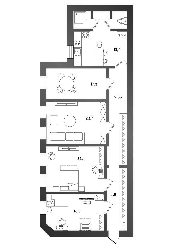 4-комнатная квартира, 123.7 м², 3 этаж – Планировка