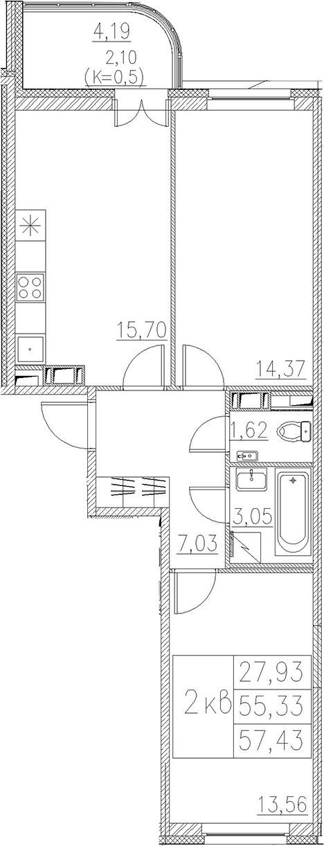 3Е-к.кв, 57.43 м²