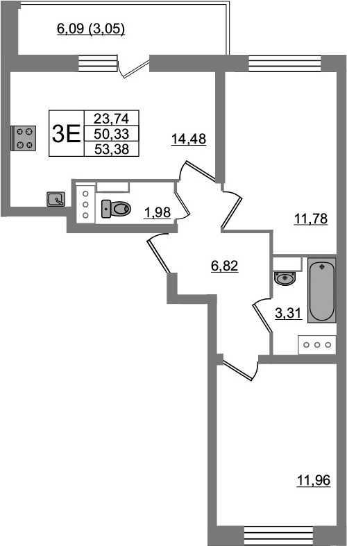 3Е-к.кв, 53.38 м²