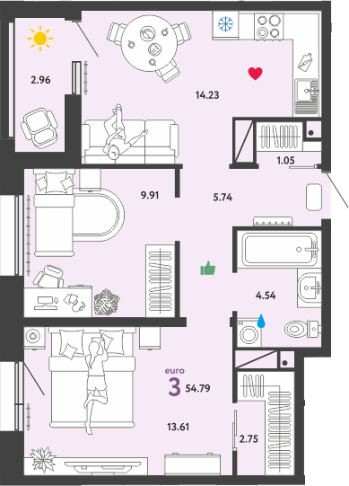 3Е-комнатная, 54.79 м²– 2