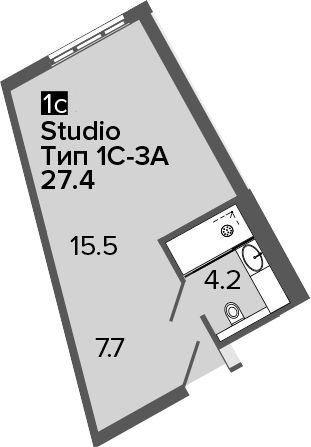 Студия, 27.4 м²– 2