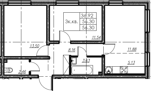 3Е-комнатная, 56.3 м²– 2