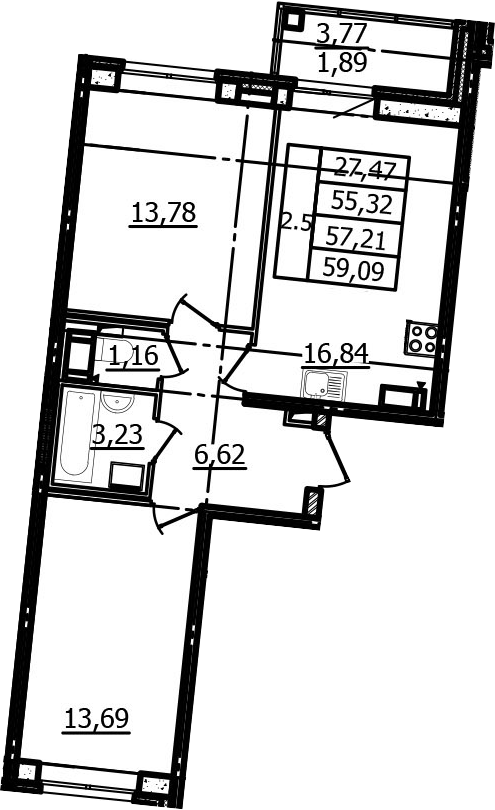 3Е-комнатная, 55.32 м²– 2