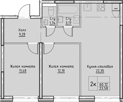 2-к.кв, 60.12 м²