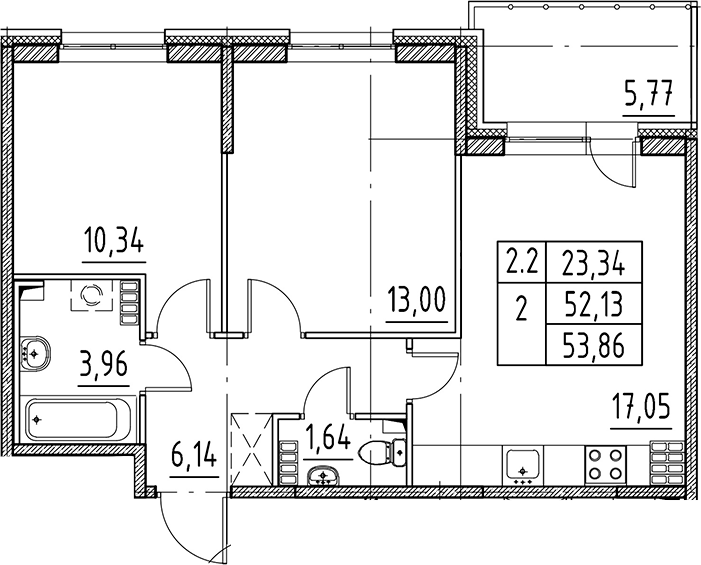 3Е-комнатная, 52.13 м²– 2