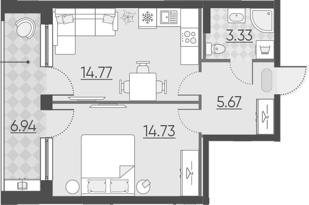 1-комнатная, 45.44 м²– 2