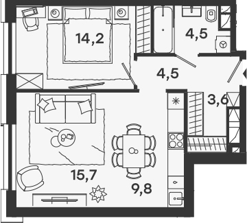 2Е-комнатная, 52.3 м²– 2