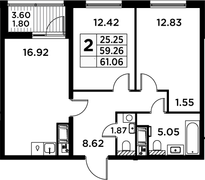 3Е-комнатная, 61.06 м²– 2