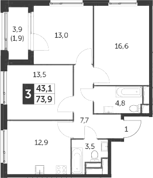 3-комнатная, 73.9 м²– 2