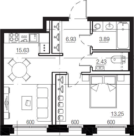 2Е-комнатная, 42.13 м²– 2