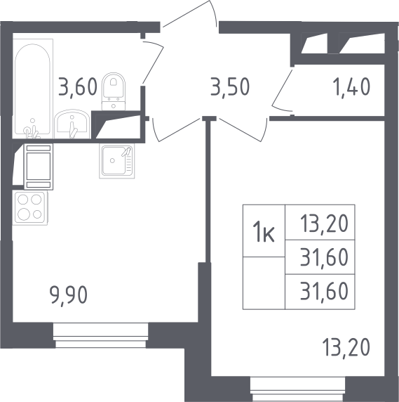 1-комнатная, 31.6 м²– 2