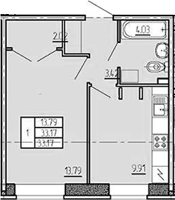 1-комнатная, 33.17 м²– 2