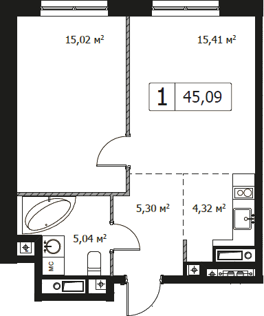 2Е-комнатная, 45.09 м²– 2