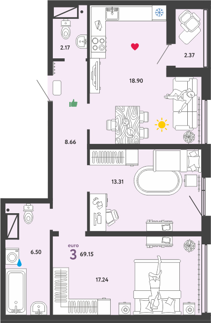 3Е-комнатная, 69.15 м²– 2