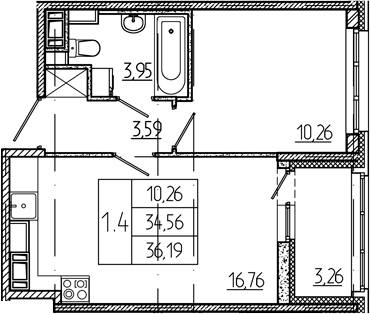 1-комнатная, 34.56 м²– 2