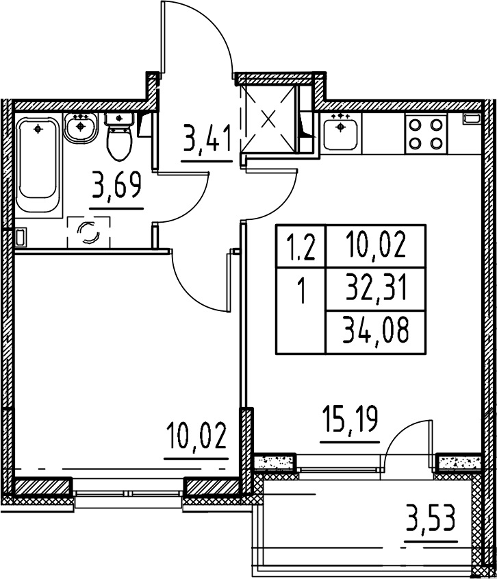 2Е-комнатная, 32.31 м²– 2